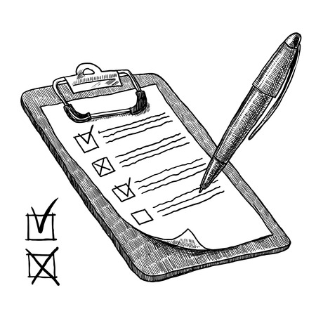 35957833 klemmbrett mit checkliste fragebogen kontrollkästchen und stift skizze vektor illustration
