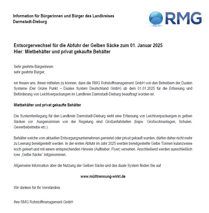 Neuer Entsorger Gelbe Säcke RMG zum 01.01.2025